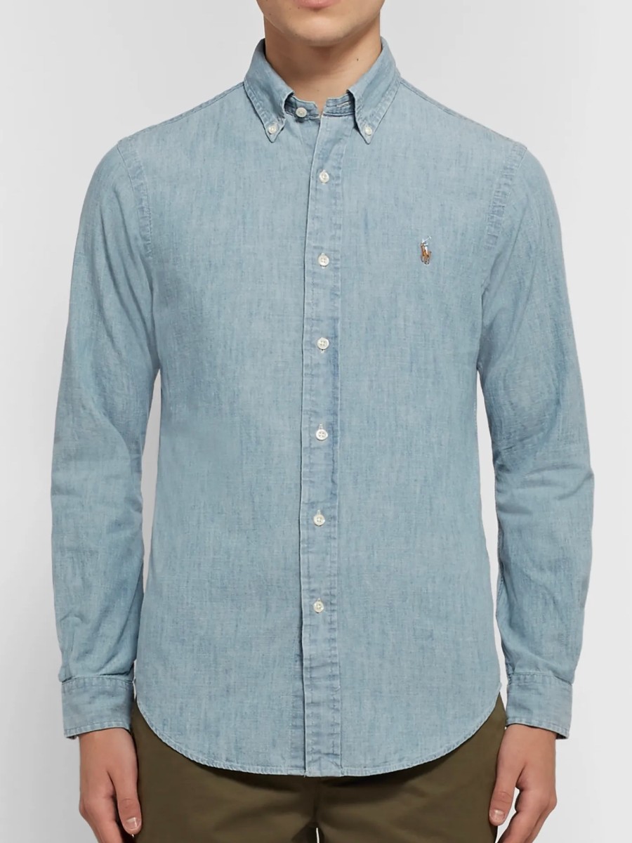 POLO RALPH LAUREN Chambray Button-Down Medium Washed Denim Shirt Custom Fit